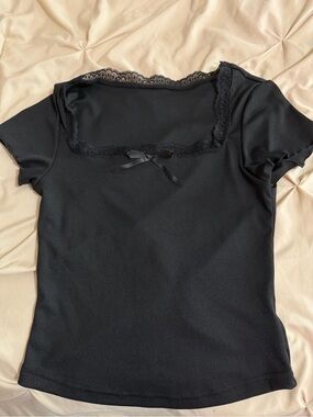 Black Lace Trim Square Neck Ribbed Tee